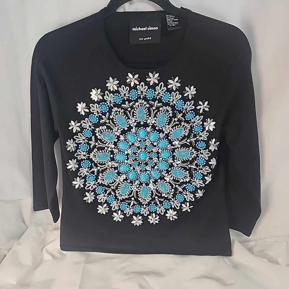 Michael Simon Black Top Small Turquoise And Silver Embellishments. Southwestern